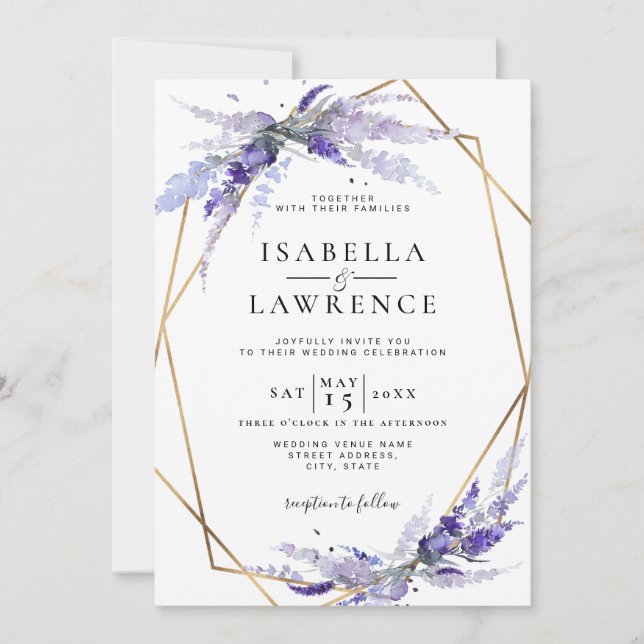 Dusty Purple Lavender Floral Gold Frame Wedding Invitation (Front)
