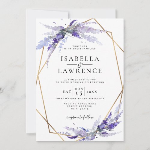 Dusty Purple Lavender Floral Gold Frame Wedding Invitation
