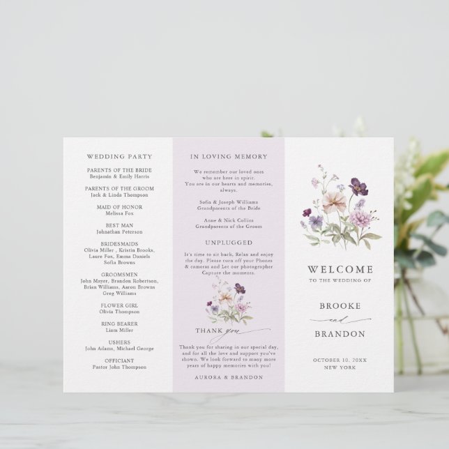 Dusty Purple Lavender Wildflower Wedding Program (Standing Front)