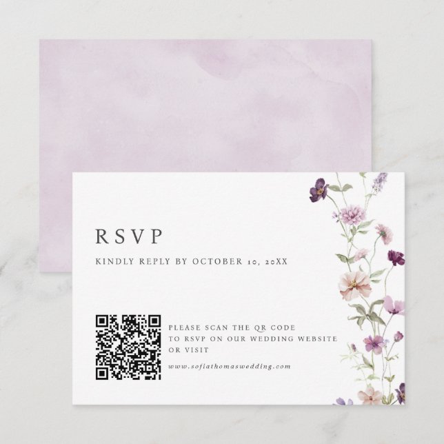 Dusty Purple Lavender Wildflower  Wedding QR Code RSVP Card (Front/Back)