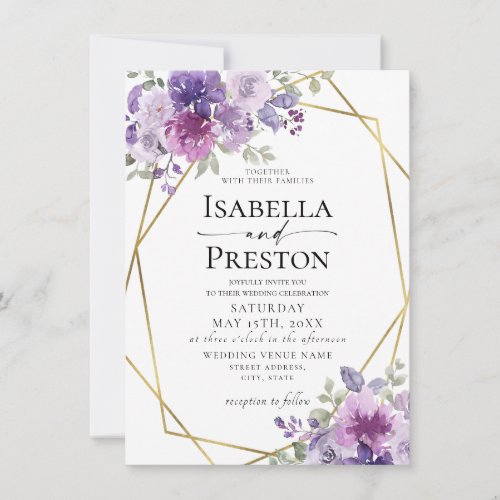 Dusty Purple Lilac Mauve Gold Foil Floral Wedding Invitation