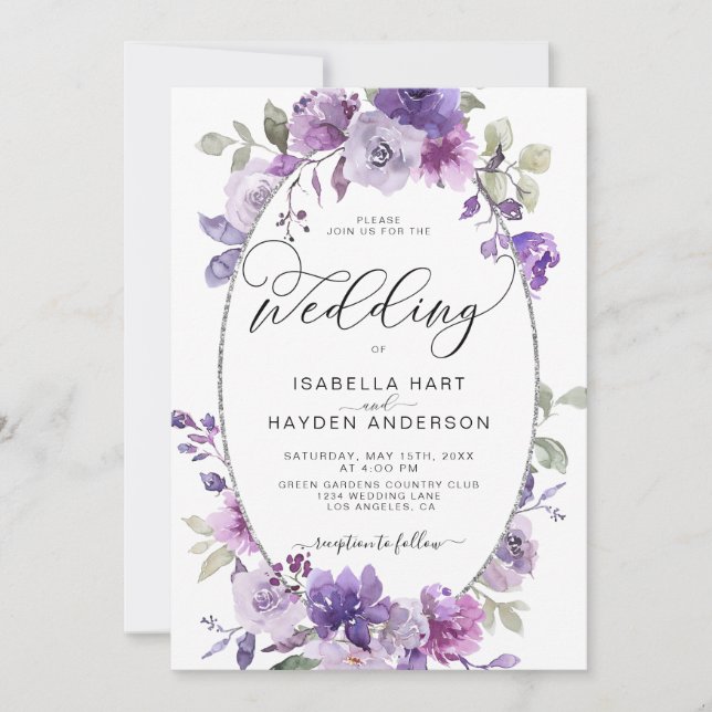Dusty Purple Lilac MauveFloral Silver Foil Wedding Invitation (Front)