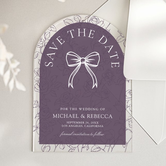 Dusty Purple Line Art Bow Wedding Save the Date (Creator Uploaded)