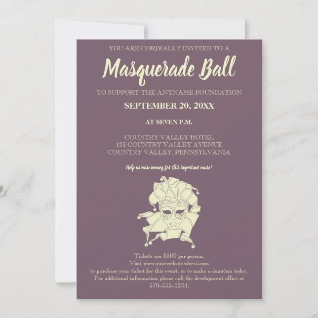 Dusty Purple Masquerade Ball Fundraiser Gala Invit Invitation (Front)