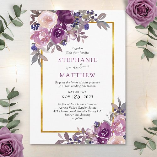 Dusty Purple Mauve Botanical Gold Border Wedding Invitation