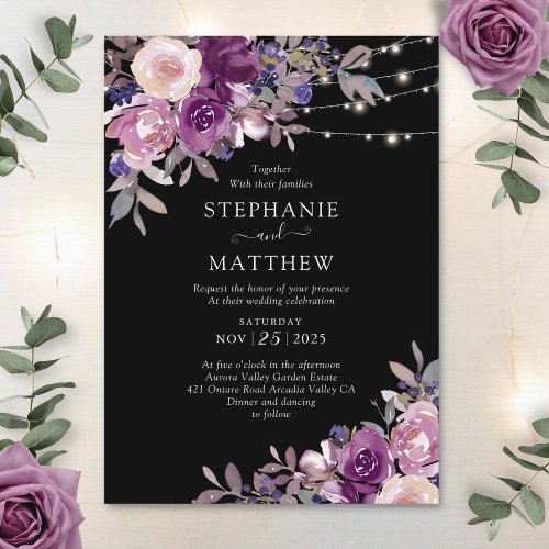 Dusty Purple Mauve Botanical Lights Black Wedding Invitation