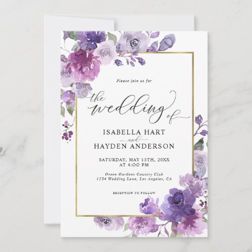 Dusty Purple Mauve Lilac Floral Gold Foil Wedding Invitation
