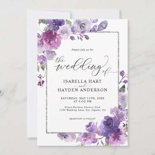 Dusty Purple Mauve Lilac Floral SilverFoil Wedding Invitation