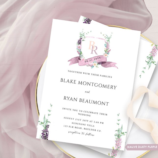 Dusty Purple, Mauve Pastel Floral Monogram Wedding Invitation (Creator Uploaded)