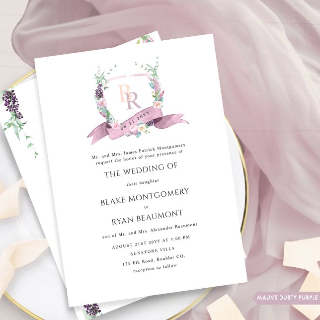 Dusty Purple, Mauve Pastel Formal Monogram Wedding Invitation (Creator Uploaded)