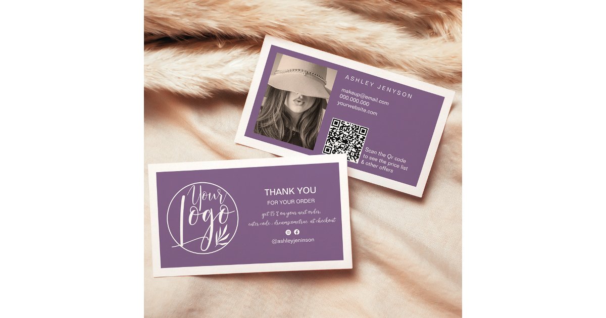 Dusty purple minimalist logo Qr order thank you Business Card | Zazzle
