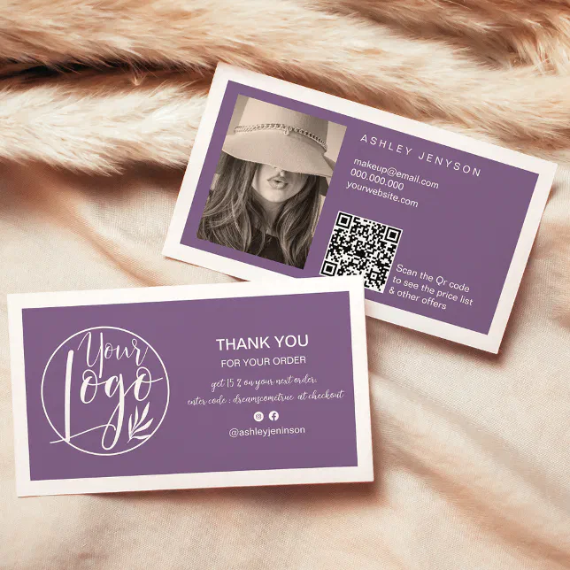 Dusty purple minimalist logo Qr order thank you Business Card | Zazzle