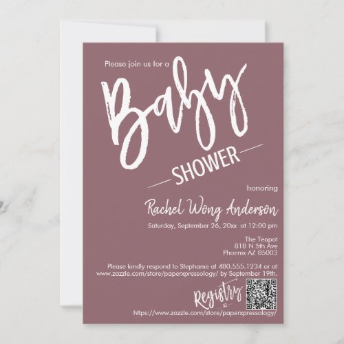 Dusty Purple Minimalist Script Baby Shower QR Code Invitation