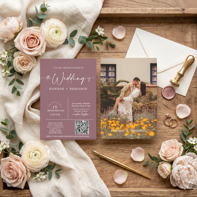 Dusty Purple Minimalist Wedding Arch QR Code Photo Invitation (Creator Uploaded)