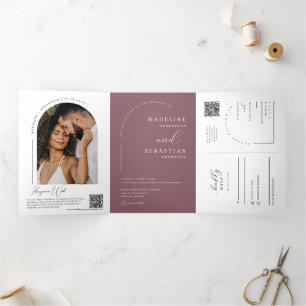 Dusty Purple Modern Arch Photo QR Code Wedding Tri-Fold Invitation