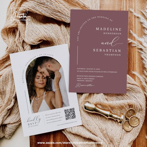 Dusty Purple Modern Minimal Arch Photo QR Code Inv Invitation