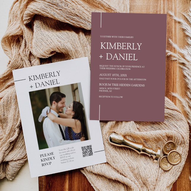 Dusty Purple Modern Minimal Wedding QR Code Photo Invitation (Creator Uploaded)