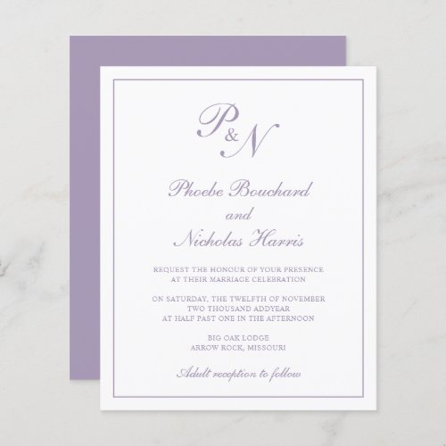 Dusty Purple Monogram Budget Wedding Invitation