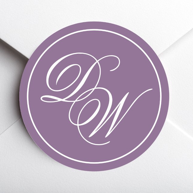 Dusty Purple Monogram White Calligraphy 2 Initials Classic Round Sticker (Creator Uploaded)