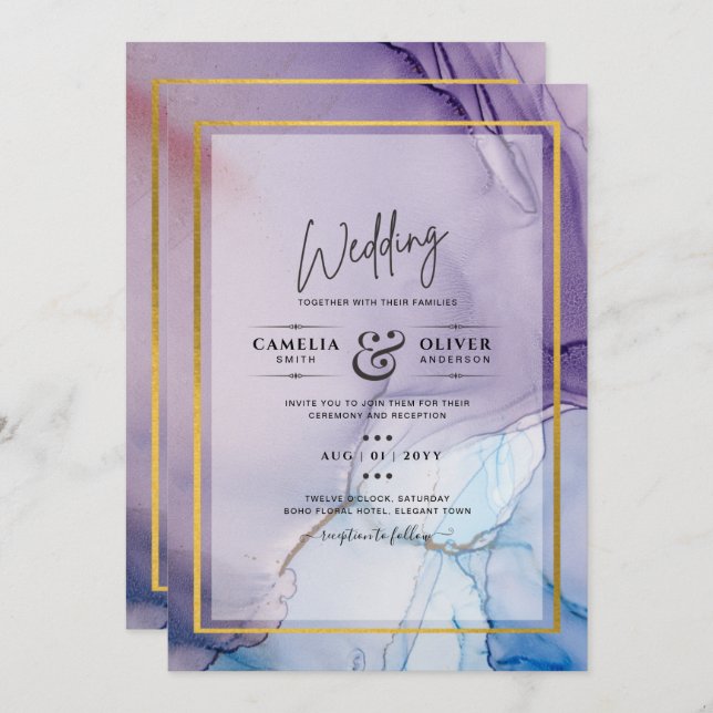 Dusty Purple Navy Blue Gold INK Wedding INVITE (Front/Back)