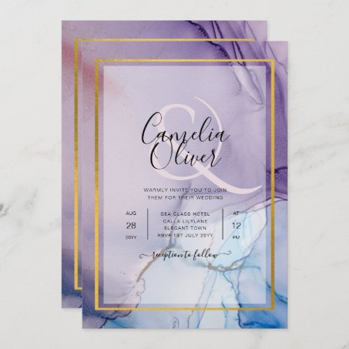 Dusty Purple Navy Blue Gold INK Wedding INVITE