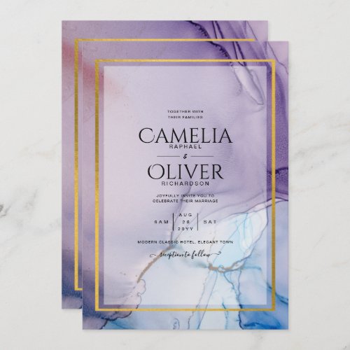 Dusty Purple Navy Blue Gold INK Wedding INVITE