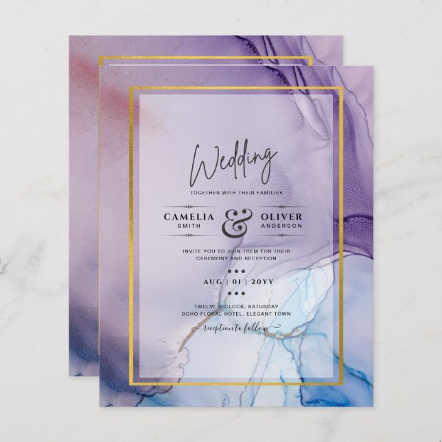 Dusty Purple Navy Blue Gold INK Wedding INVITE (Front/Back)