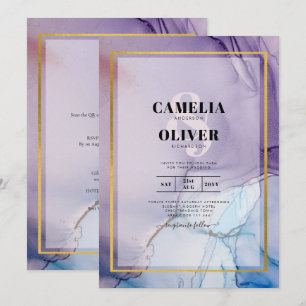 Dusty Purple Navy Blue Gold INK Wedding INVITE