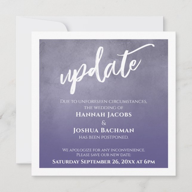 Dusty Purple Ombre Postponed Wedding Update Card (Front)