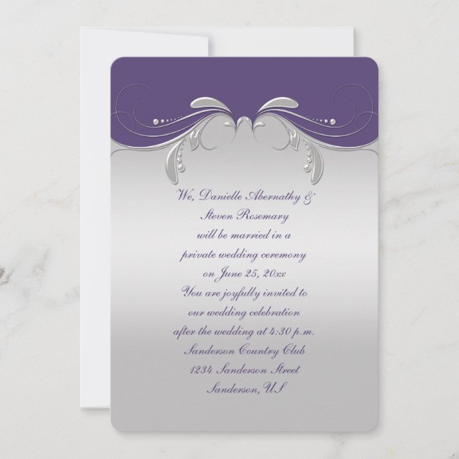 Dusty Purple Ornate Silver Swirls Reception Only Invitation (Front)