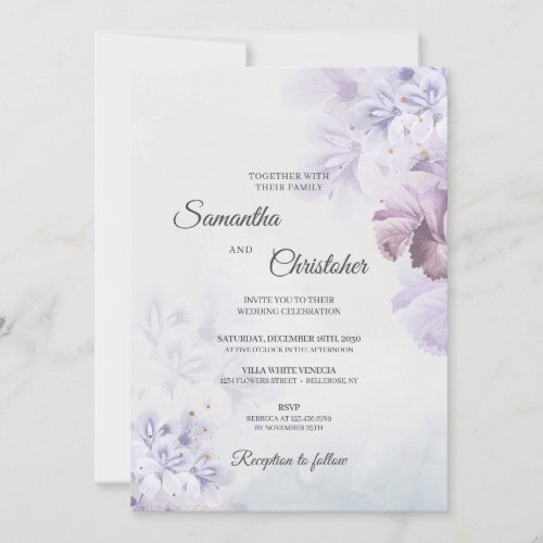 Dusty purple paste blue brown ivory floral wedding invitation