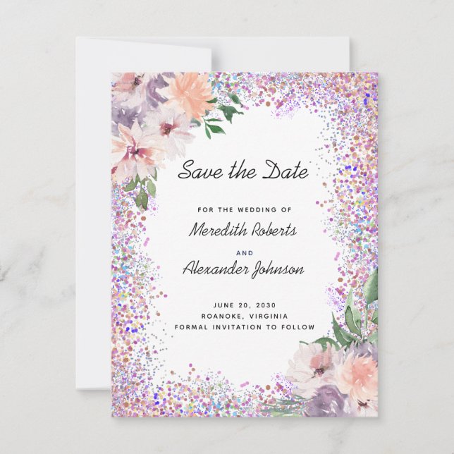 Dusty Purple Peach Floral QR Code Save the Date Announcement (Front)