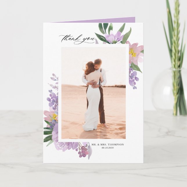Dusty Purple Peonies and Roses Photo Wedding Thank You Card (Front)