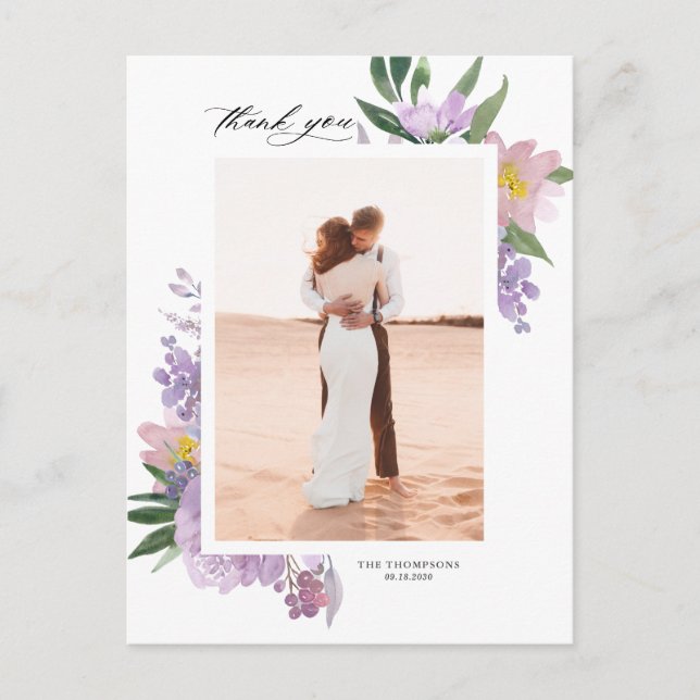 Dusty Purple Peonies Photo Wedding Thank You Postcard (Front)