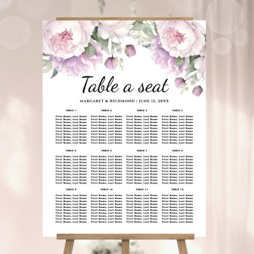 Dusty Purple Peony Floral Wedding Table Seating Foam Board