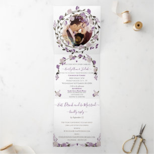 Dusty Purple Peony Floral Wreath Wedding Tri-Fold Invitation