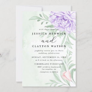 Dusty Purple Peony Rose Greenery Leaves Wedding Invitation