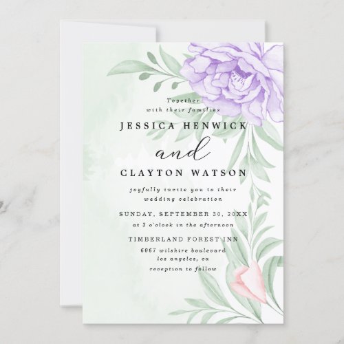Dusty Purple Peony Rose Greenery Leaves Wedding Invitation