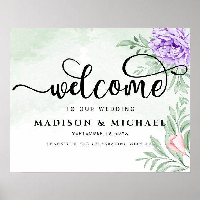 Dusty Purple Peony Rose Greenery Leaves Wedding Poster (Front)