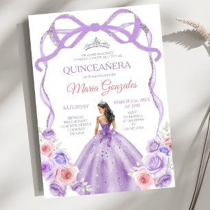 Dusty Purple Pink Bow Princess Silver Quinceañera Invitation