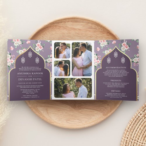 Dusty Purple Pink Floral All in One Indian Wedding Tri_Fold Invitation