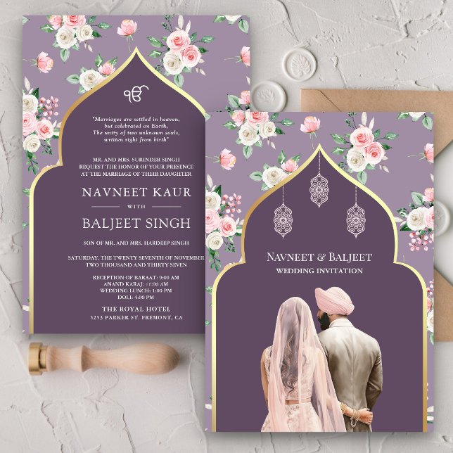 Dusty Purple Pink Floral Anand Karaj Sikh Wedding Invitation (Creator Uploaded)