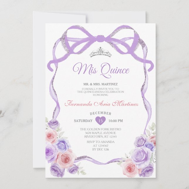Dusty Purple Pink Floral Bow Silver Mis Quince Invitation (Front)