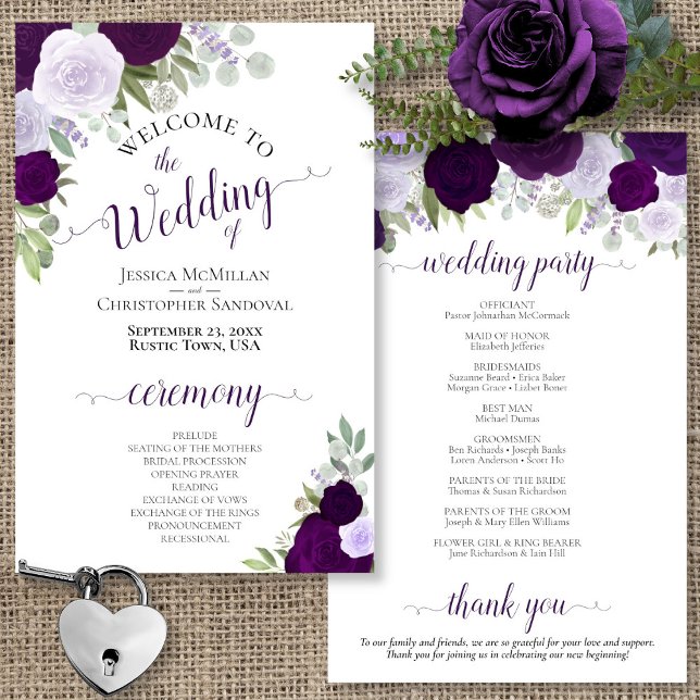 Dusty Purple & Plum Floral Budget Wedding Program (In Situ Front and Back)