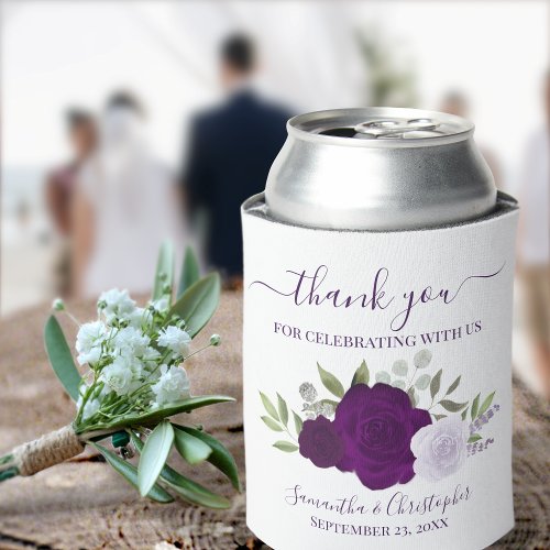 Dusty Purple Plum Roses Elegant Wedding Thank You Can Cooler