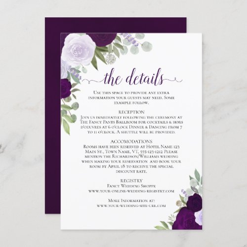 Dusty Purple  Plum Roses Rustic Wedding Details Enclosure Card