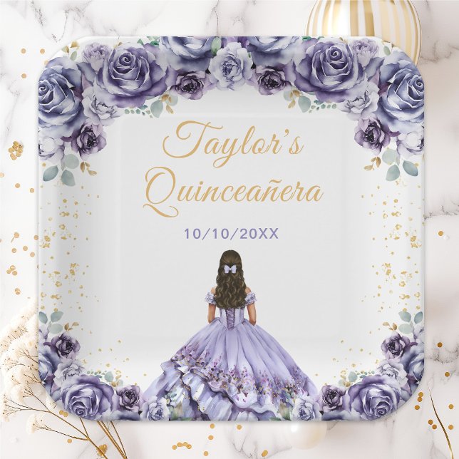 Dusty Purple Princess Floral Quinceañera Paper Plates (Creator Uploaded)