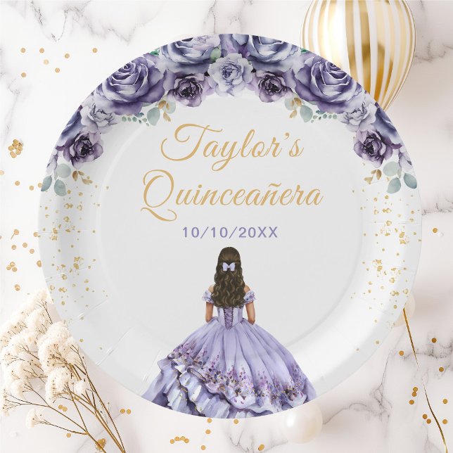 Dusty Purple Princess Floral Quinceañera Paper Plates (Creator Uploaded)