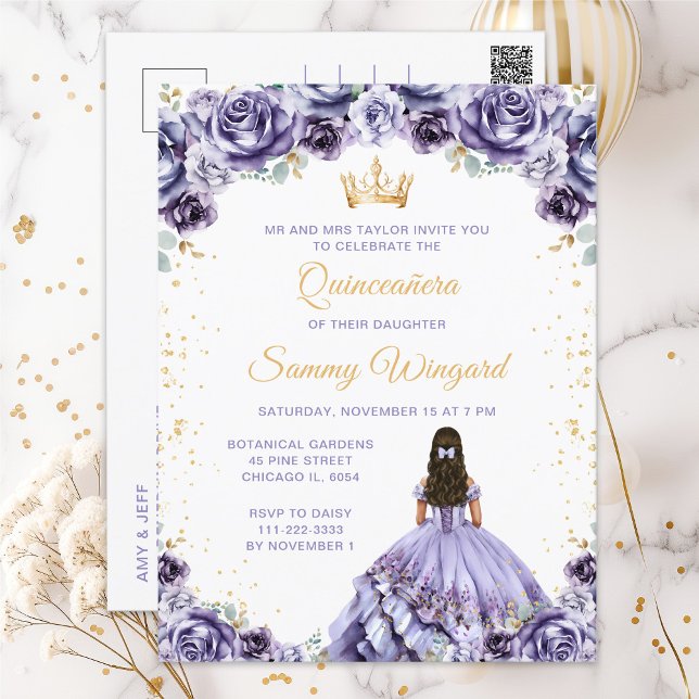 Dusty Purple Princess Floral Quinceañera Postcard (Creator Uploaded)