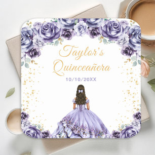 Dusty Purple Princess Floral Quinceañera Square Paper Coaster